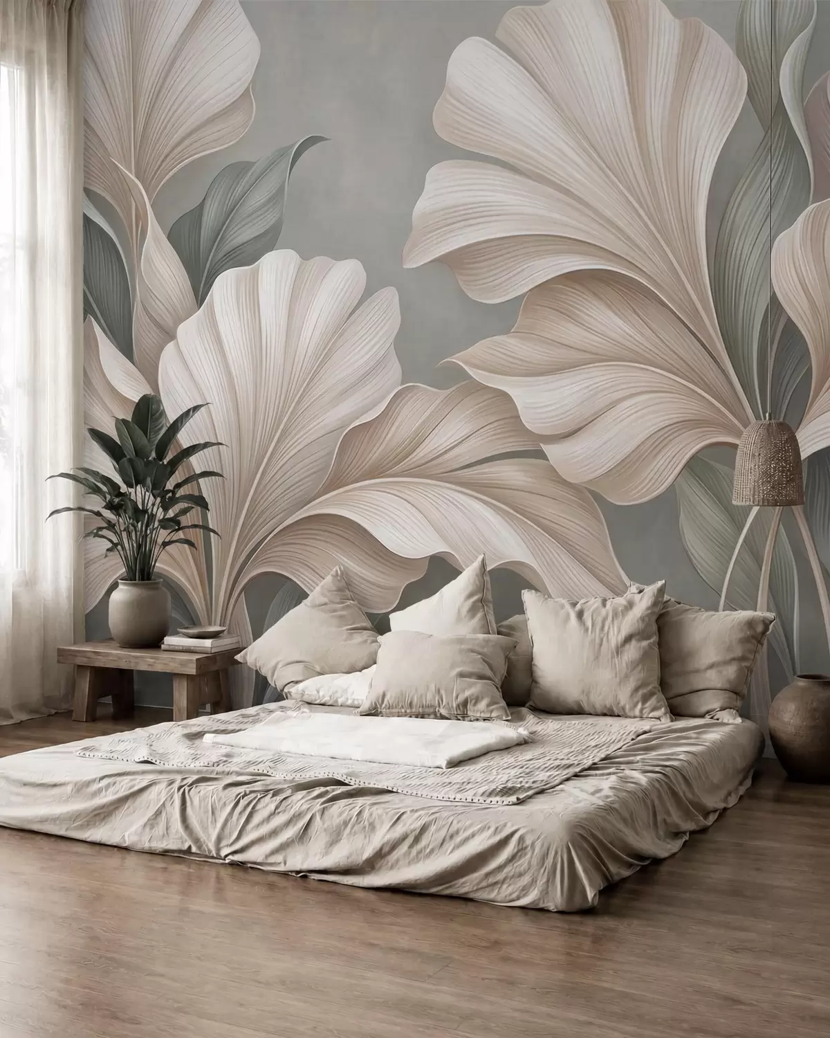 murales de pared Delicadas hojas botánicas en tonos beige natural y verde salvia w10094