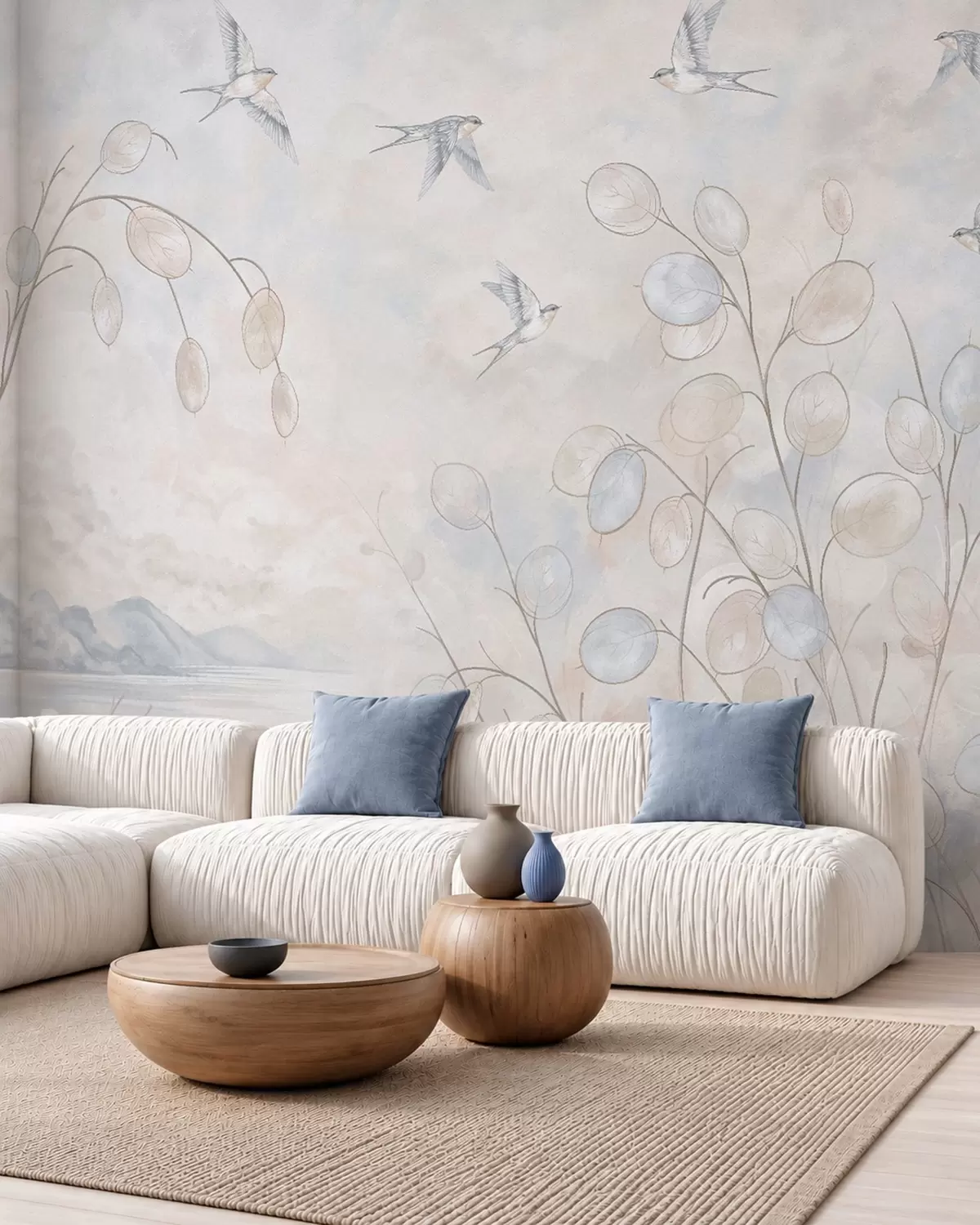 murales de pared Golondrinas entre delicadas plantas, con el lago y las montañas de fondo w05892