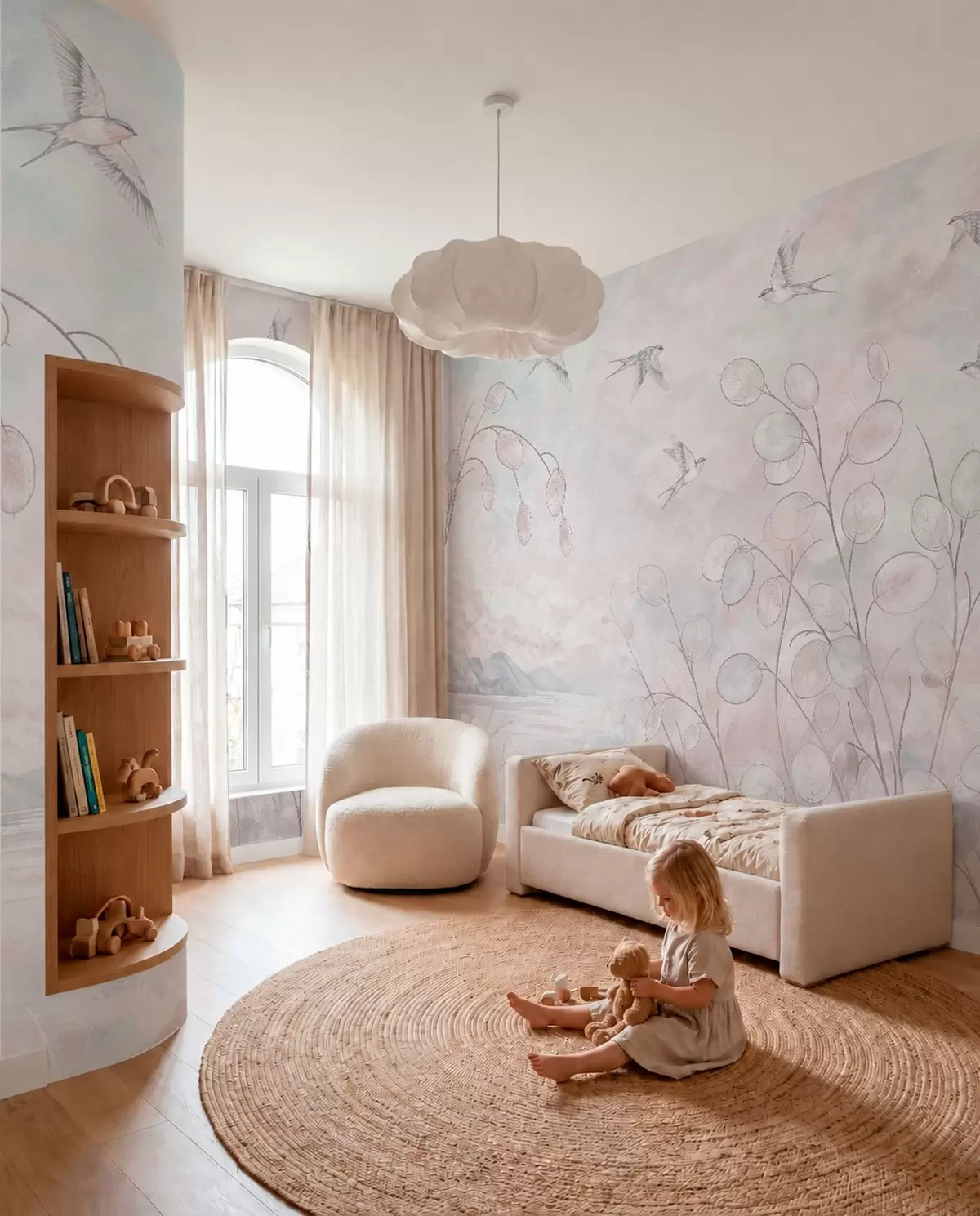 murales de pared Golondrinas y plantas delicadas en tonos pastel w05892v1
