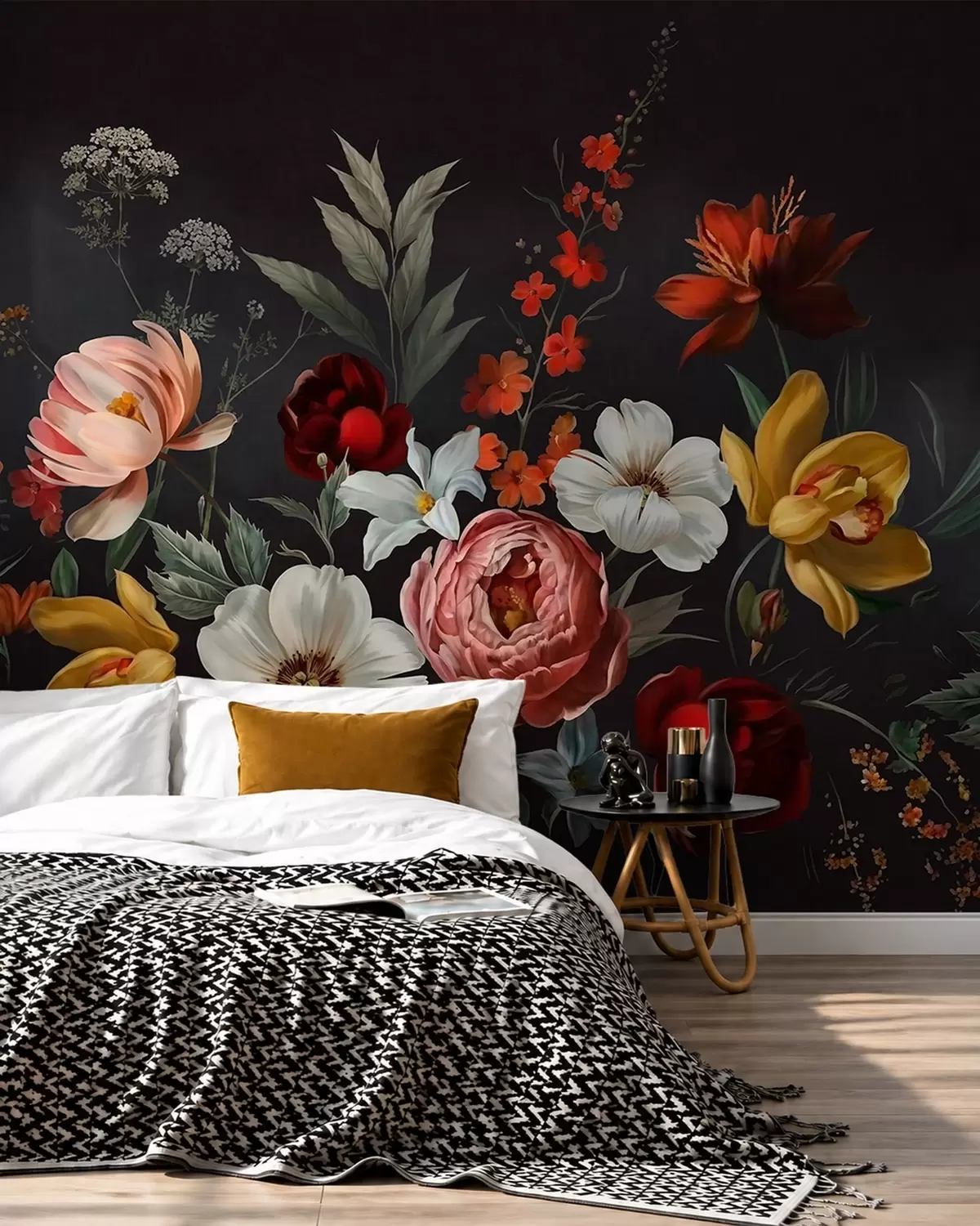 murales de pared Exuberante arreglo de flores de colores sobre un fondo oscuro w05960