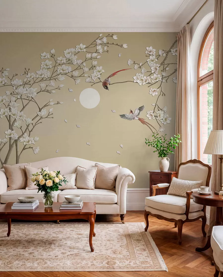murales de pared Aves entre flores blancas u72938