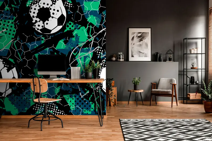 murales de pared Abstracción negro-verde y pelotas de fútbol. u73014