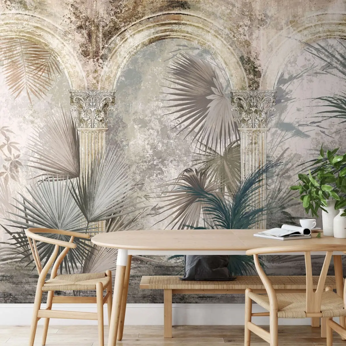 murales de pared Entre las columnas se encuentran plantas y hojas tropicales y exóticas. u78667