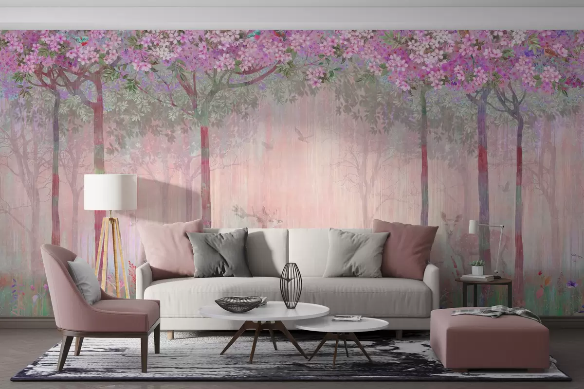 murales de pared Árboles en flor con troncos largos, ciervos entre los árboles u62100v3