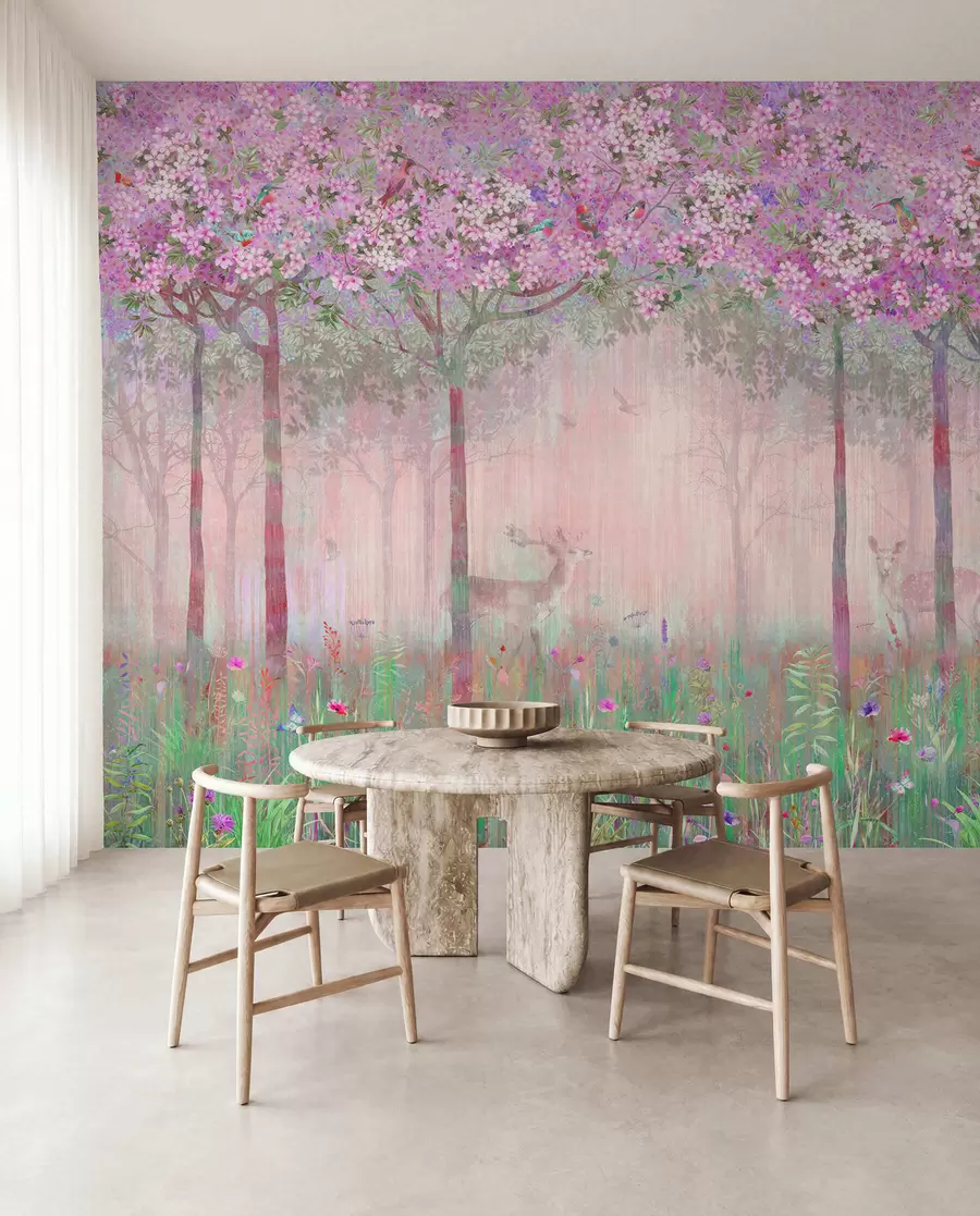 murales de pared Árboles en flor con troncos largos, ciervos entre los árboles u62100v3