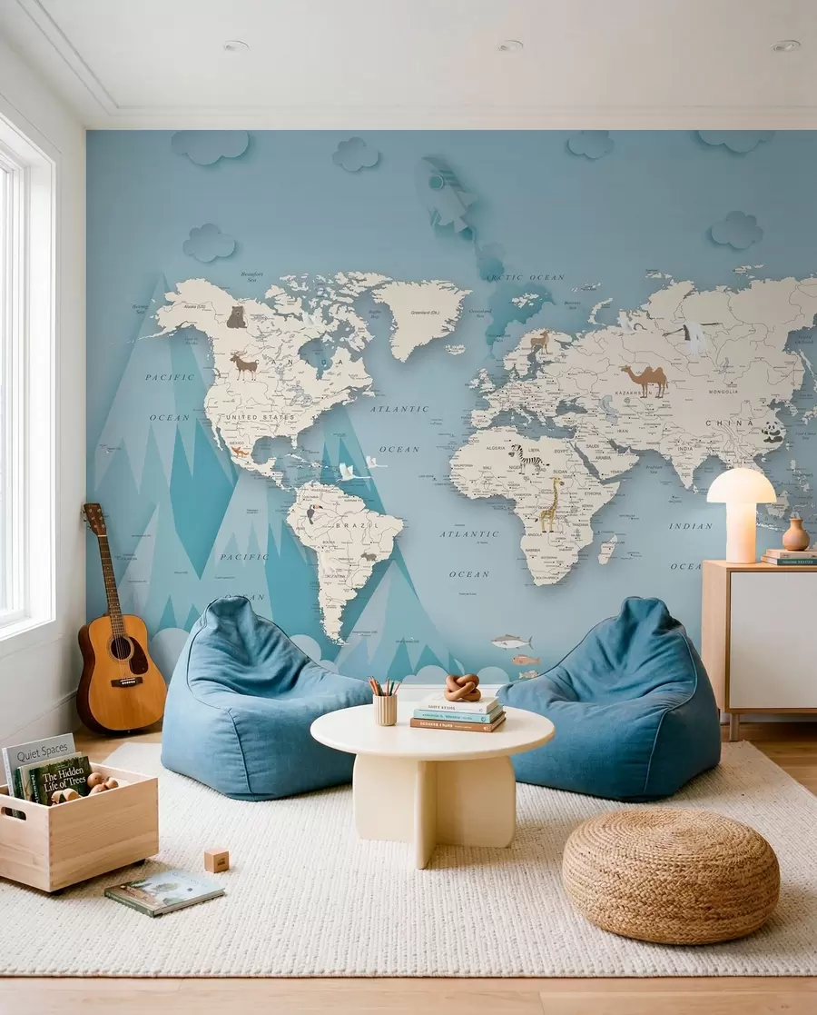 murales de pared Mapa mundial en el fondo de las montañas u79831