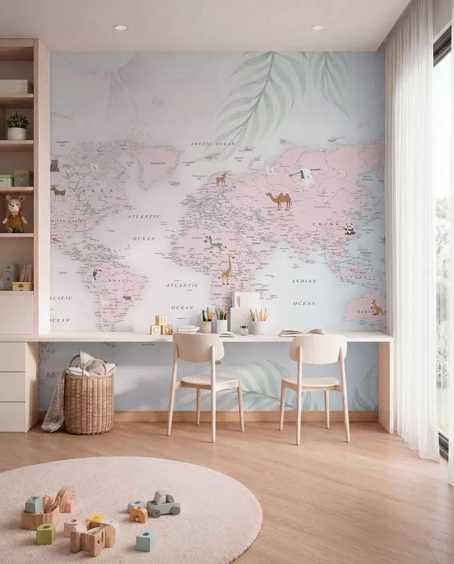 murales de pared Mapa mundial para niñas en estilo rosa u79832