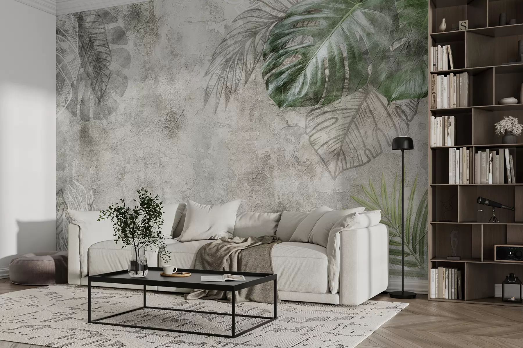 murales de pared Hojas tropicales en una pared envejecida u93964