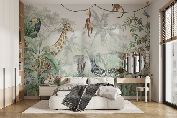 Fotomurale Papel pintado Panorama de la jungla con animales, Fotomurales Infantiles, u74709 : uwalls.com.uy