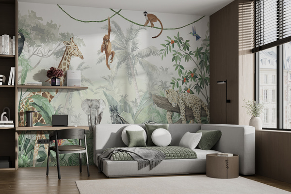 Fotomurale Papel pintado Panorama de la jungla con animales, Fotomurales Infantiles, u74709 : uwalls.com.uy