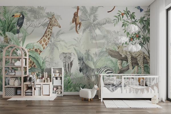 Fotomurale Papel pintado Panorama de la jungla con animales, Fotomurales Infantiles, u74709 : uwalls.com.uy