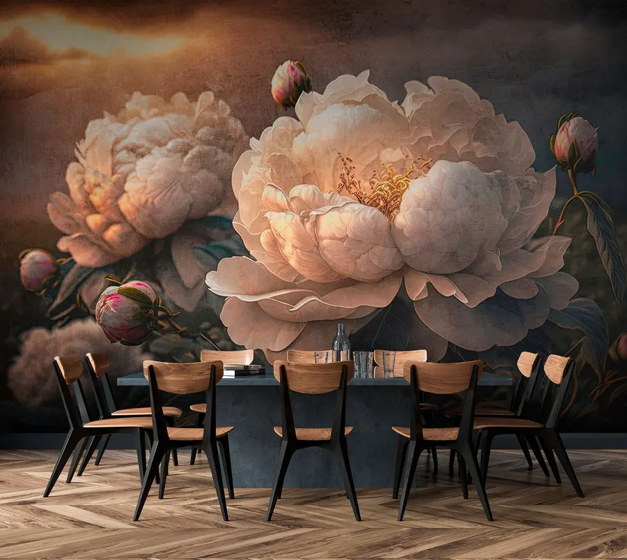 murales de pared Hermosas peonías blancas bajo los rayos del atardecer u74774