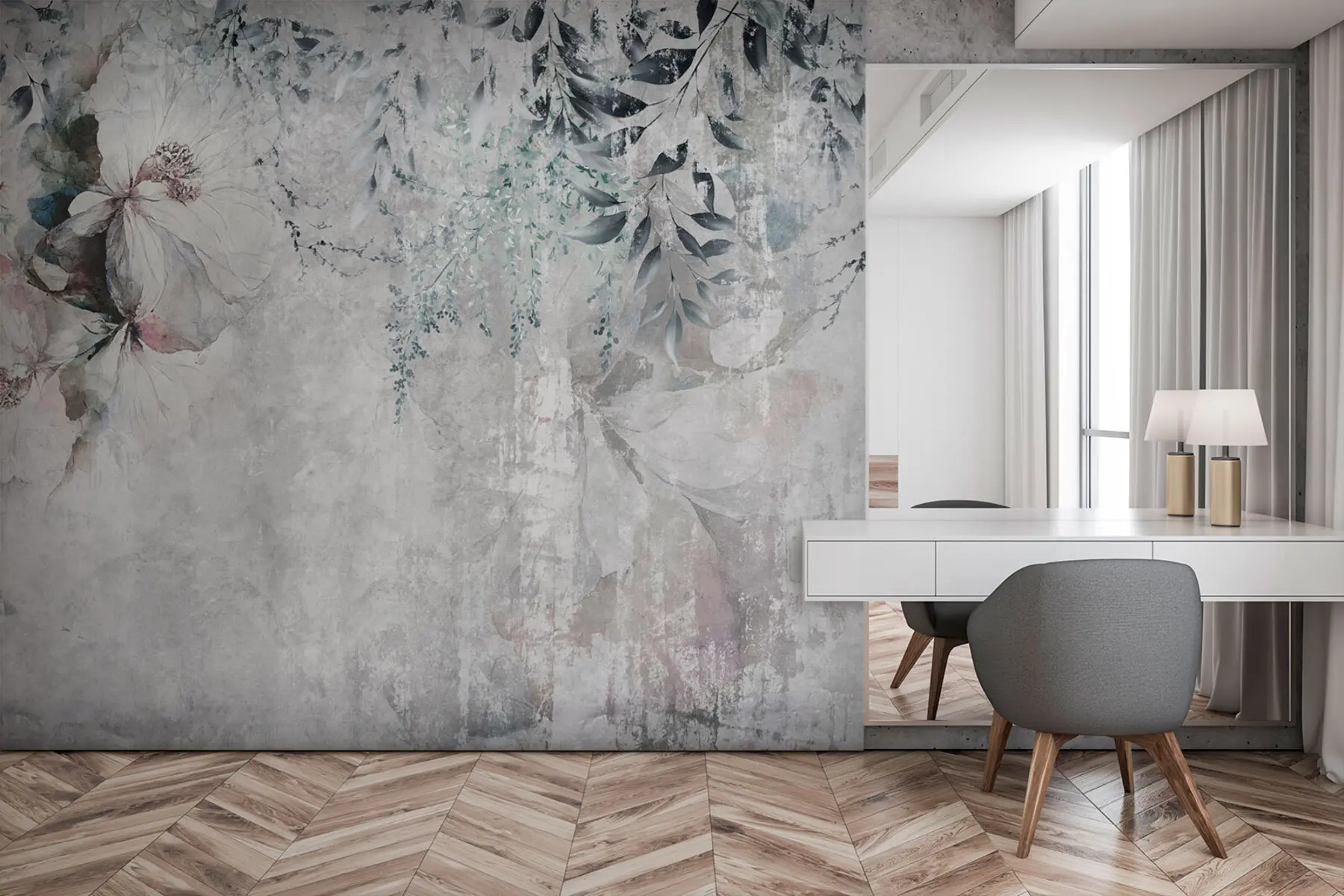 murales de pared Estilo grunge con ramas y capullos blancos u74746