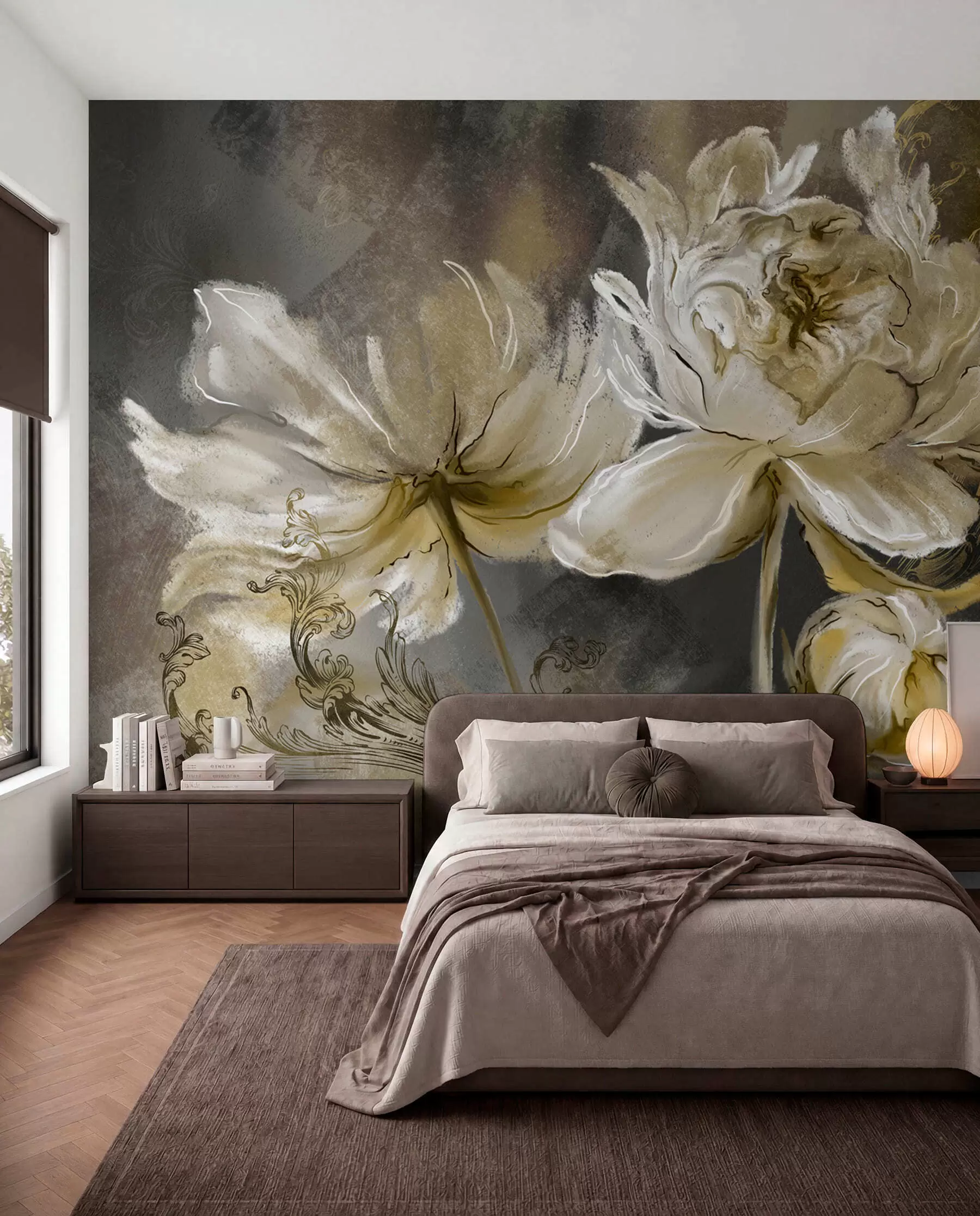 murales de pared Flores vintage en verde oliva u78738