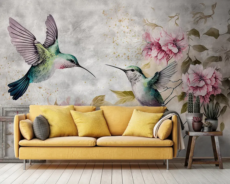 murales de pared Colibríes de acuarela en una rama u93994