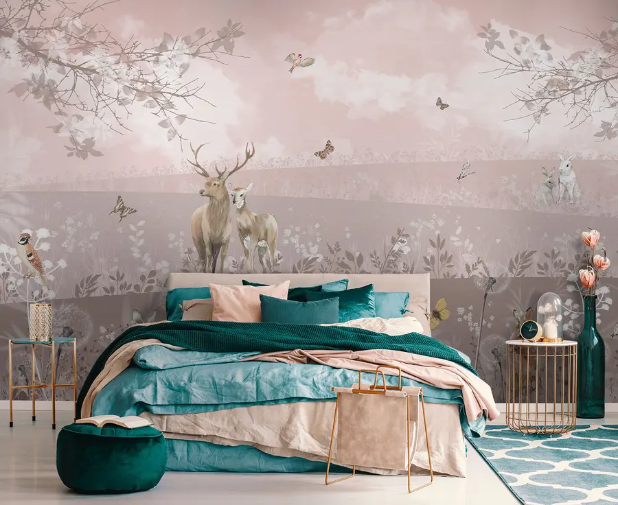 murales de pared Mundo rosa de ensueño con ciervos u94165
