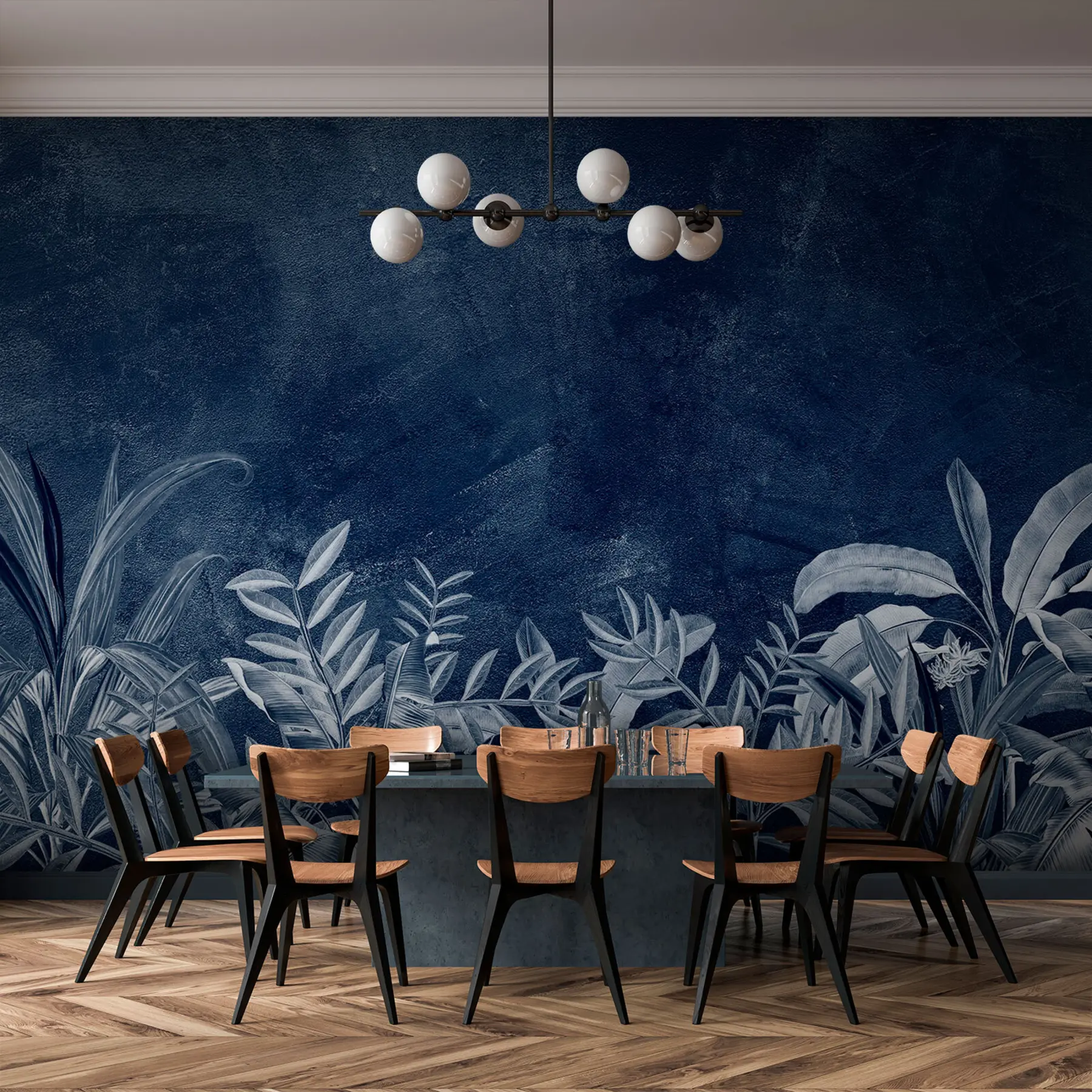 murales de pared Hojas tropicales sobre fondo azul oscuro en estilo grunge u94421