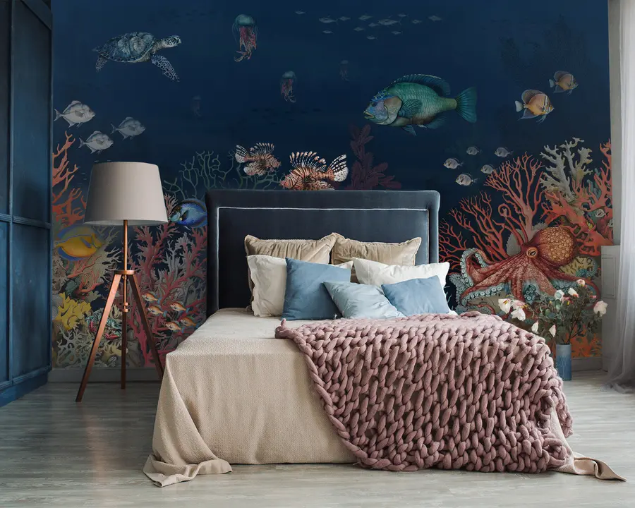 murales de pared Arrecifes de coral y peces en las profundidades de la bahía u94467