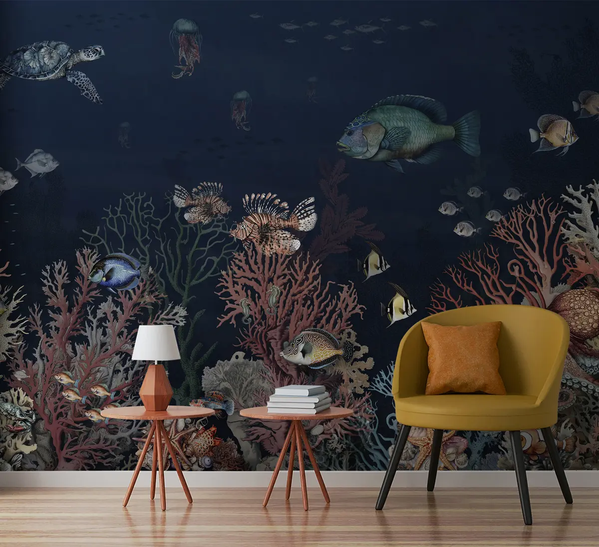 murales de pared Arrecifes de coral y peces en las profundidades de la bahía u94467