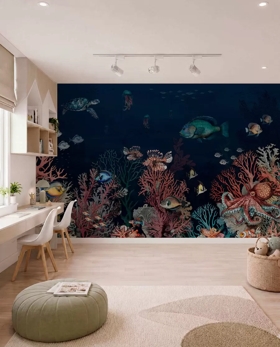 murales de pared Arrecifes de coral y peces en las profundidades de la bahía u94467