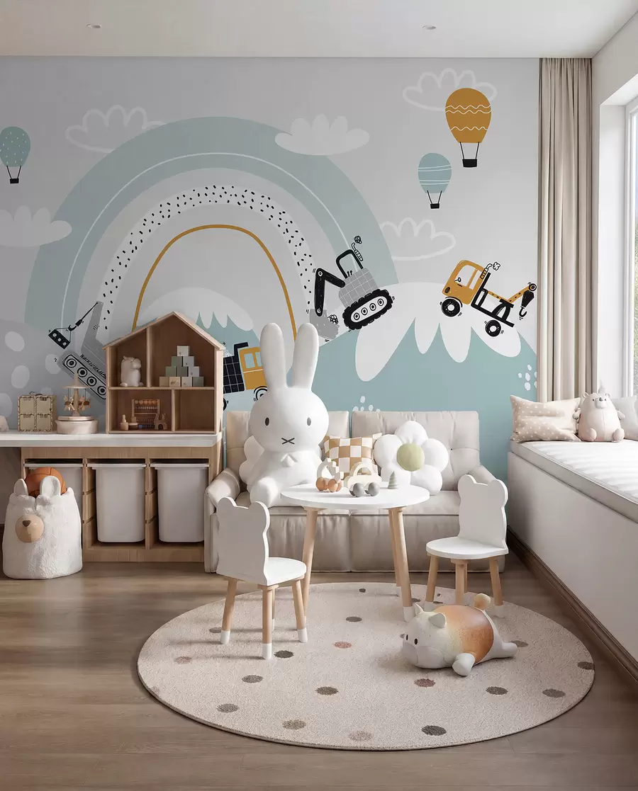 murales de pared Vehículos de construcción, paisaje montañoso, globos y nubes al estilo escandinavo u95046