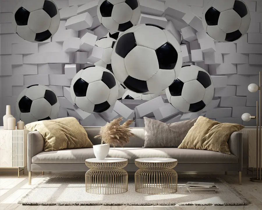 murales de pared Balones de fútbol en el fondo de una pared de ladrillos u94958