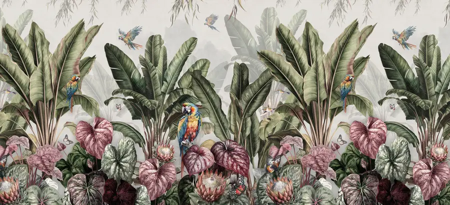 murales de pared Palmas de plátano tropicales en un paisaje con guacamayos y mariposas en estilo vintage u95371