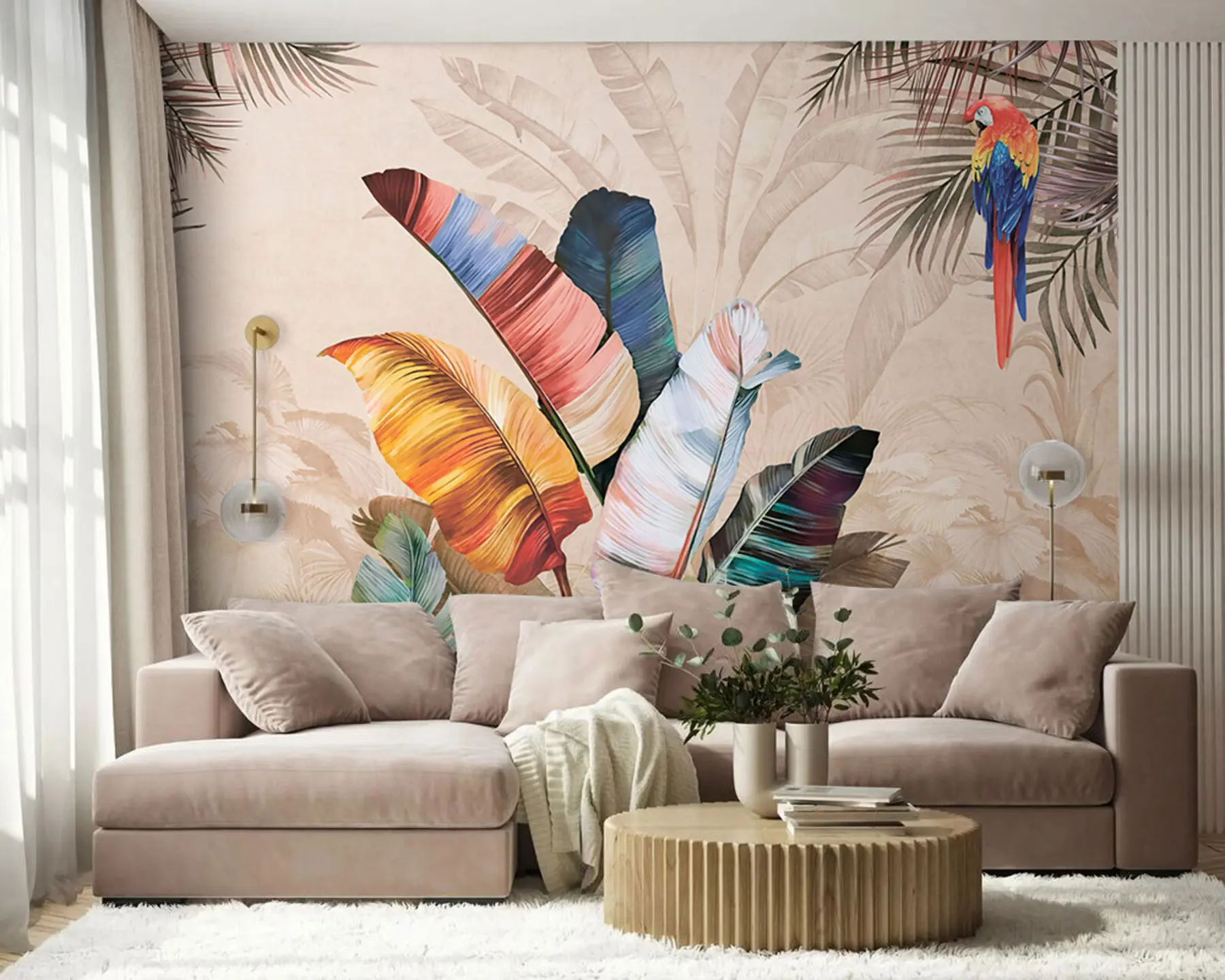 murales de pared Hojas de palma coloridas con pájaro loro tropical u95050