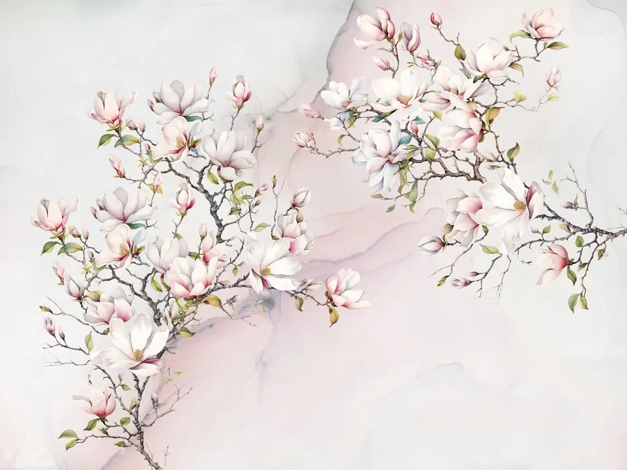 murales de pared Árboles de magnolia florecientes sobre un fondo de mármol u96114