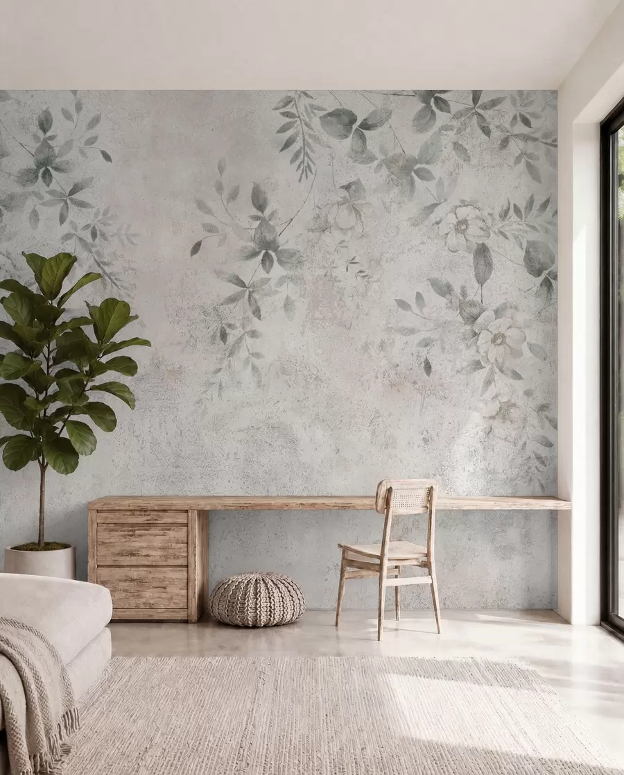 murales de pared Flores con ramas sobre minimalismo de fondo de hormigón grunge u96140