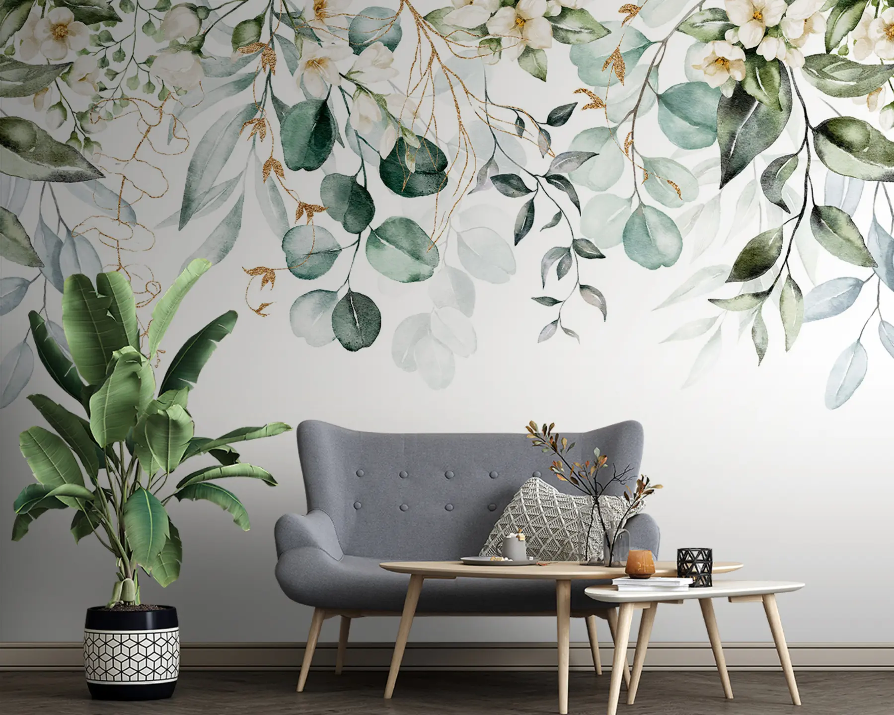 murales de pared Ilustración con hojas y ramas verdes u96068