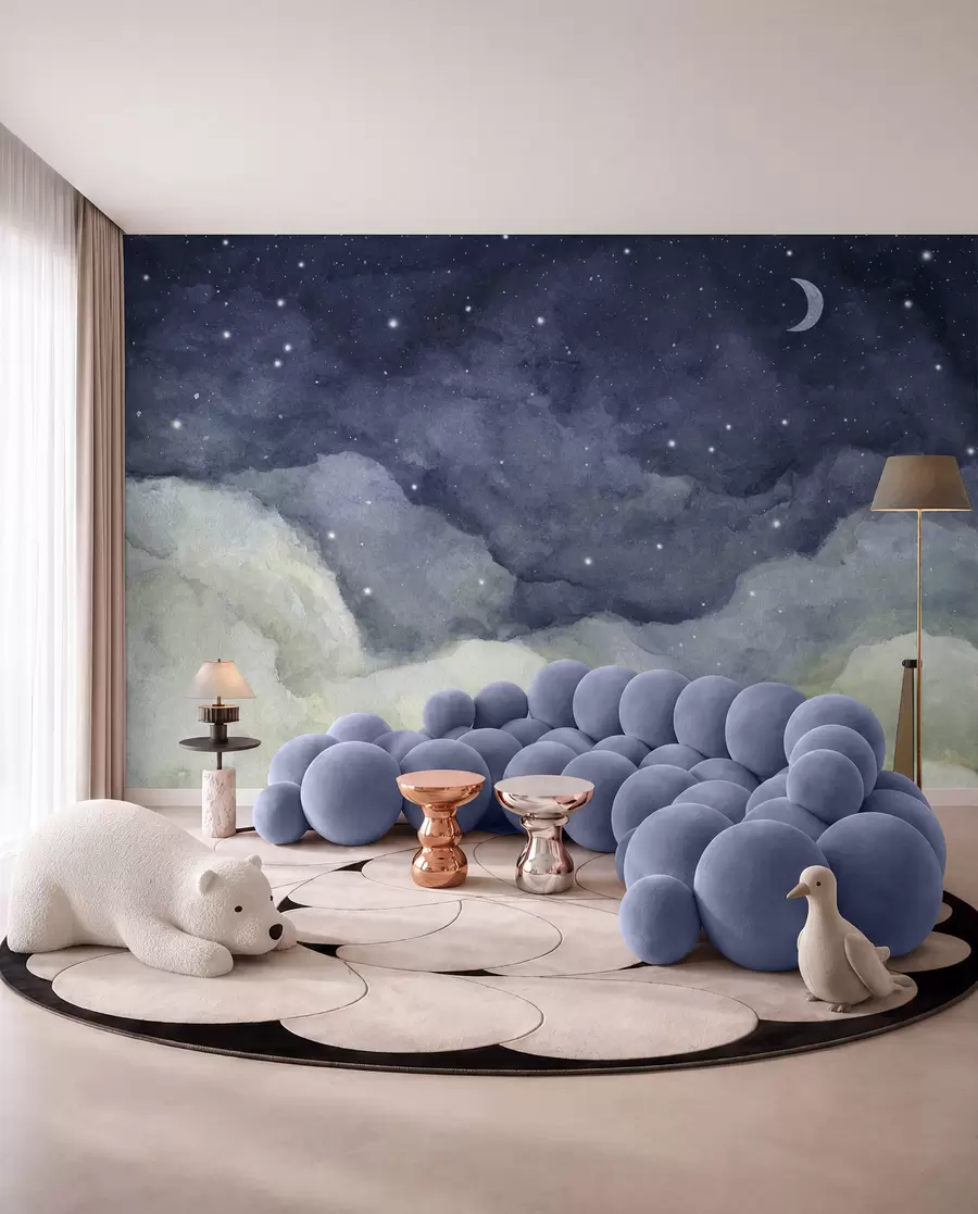 murales de pared Pintura acuarela del cielo nocturno con luna creciente y estrellas brillantes u96076