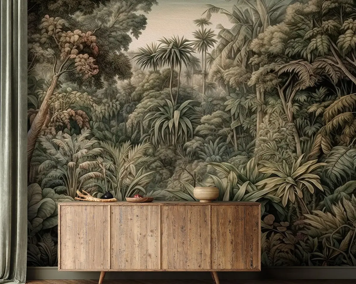 murales de pared Hermosa selva verde abstracta con hojas tropicales u96093