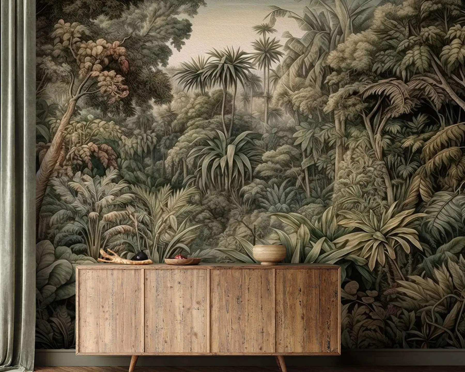 murales de pared Hermosa selva verde abstracta con hojas tropicales u96093