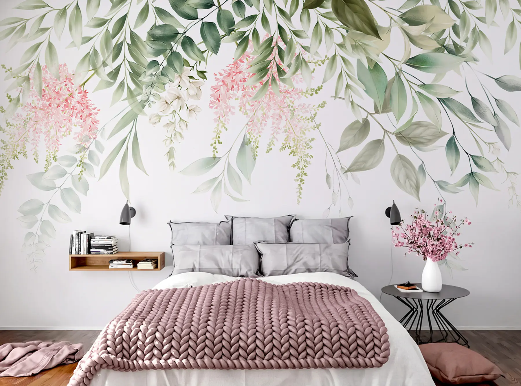 murales de pared Follaje con flores rosas u95923