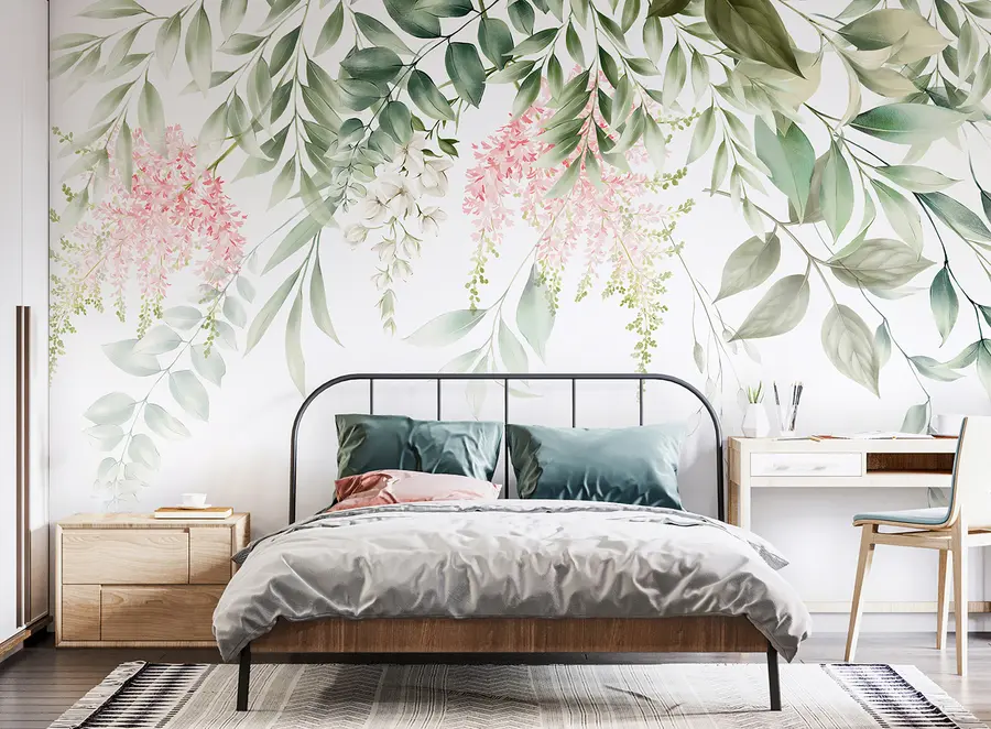 murales de pared Follaje con flores rosas u95923