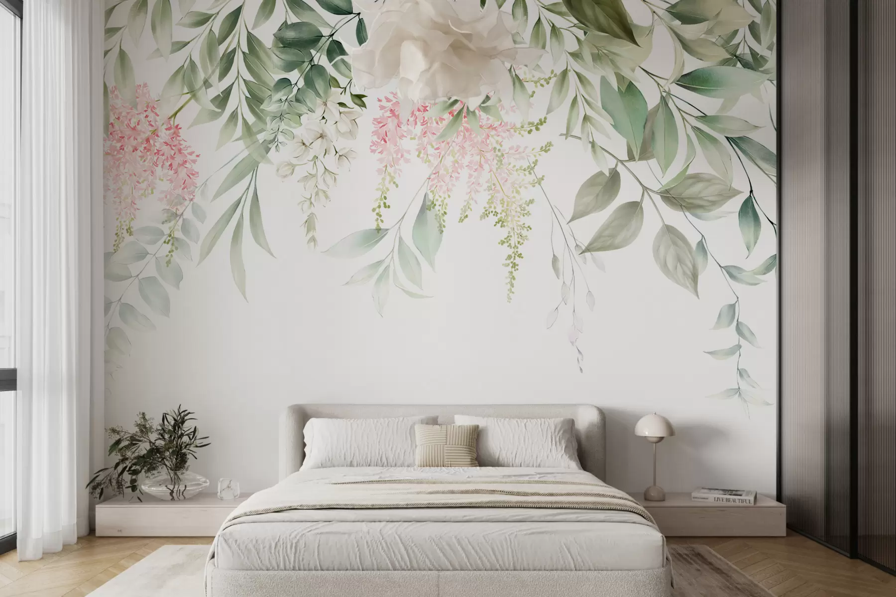 murales de pared Follaje con flores rosas u95923