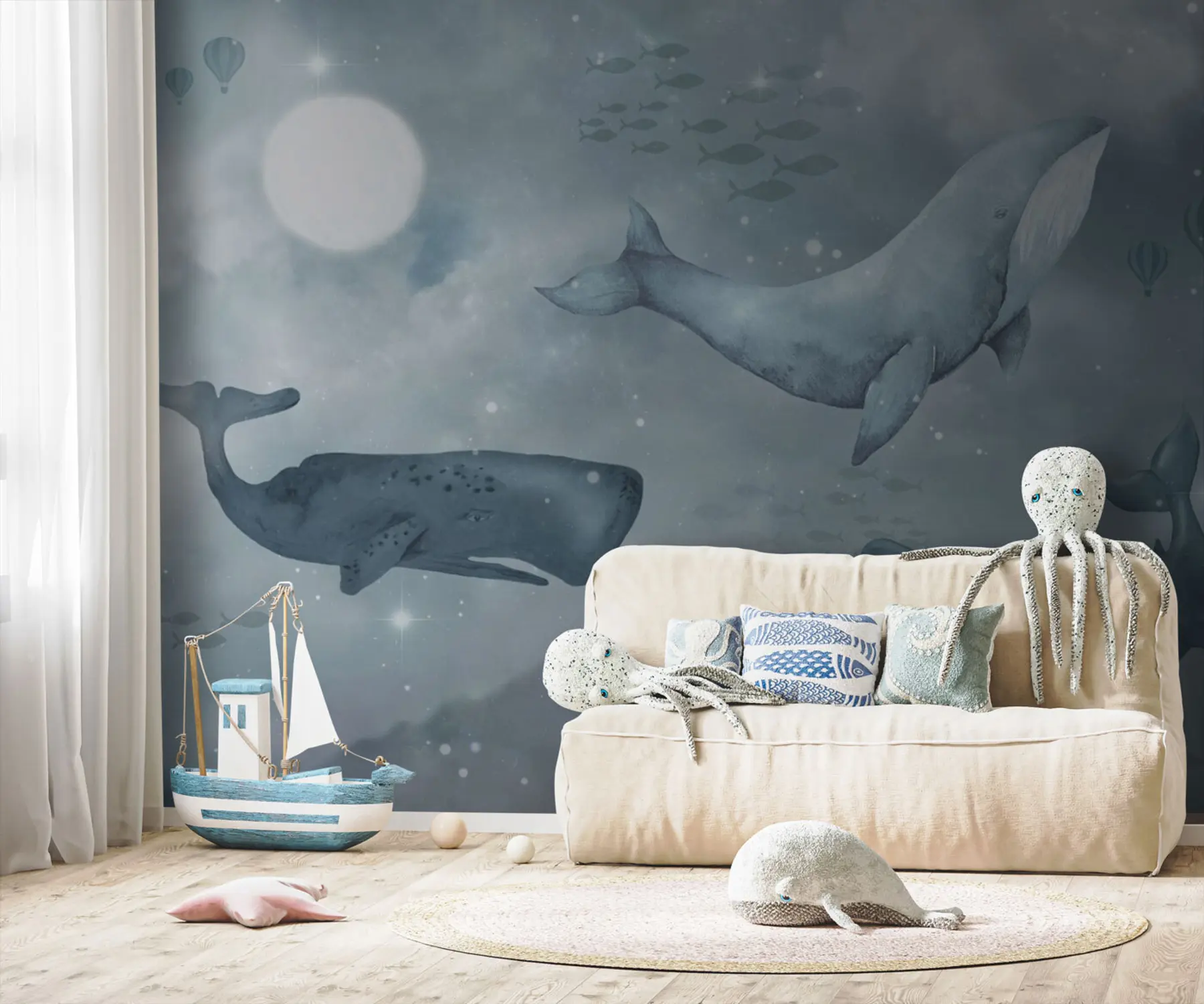 murales de pared Tres grandes ballenas nadan en las estrellas del cielo nocturno u96337