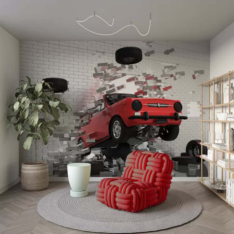 murales de pared Coche retro rojo se rompe a través de una pared de ladrillos claros u96599