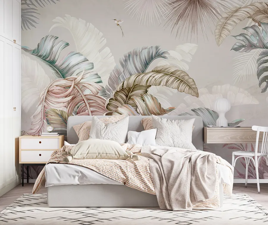 murales de pared Ilustración tropical con hojas de plátano y pájaros. u96254