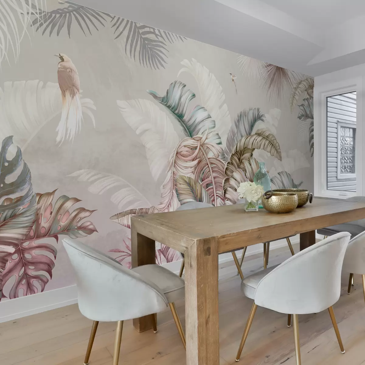 murales de pared Ilustración tropical con hojas de plátano y pájaros. u96254