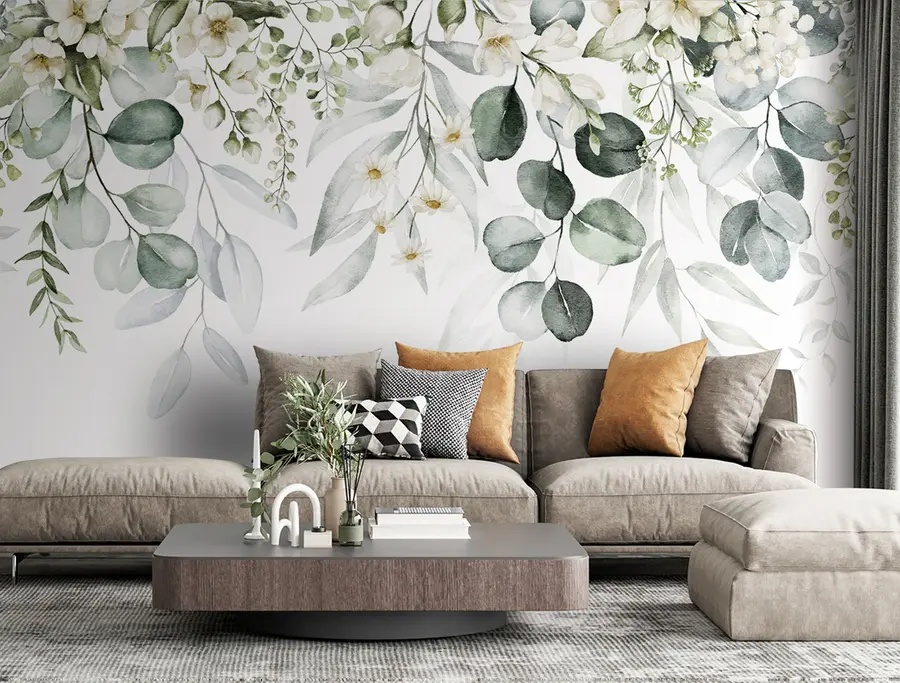 murales de pared Acuarela hojas verdes con flores u96336