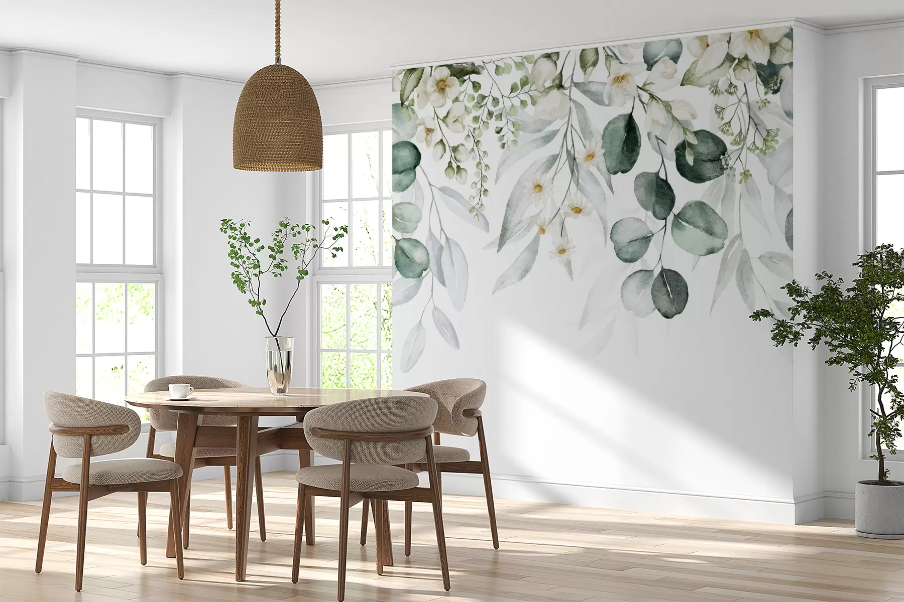 murales de pared Acuarela hojas verdes con flores. u96336