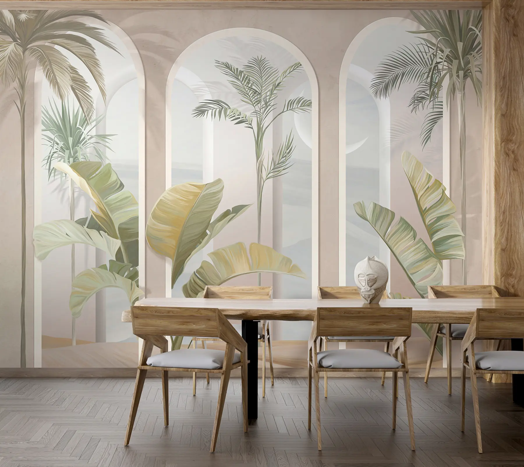 murales de pared Hojas tropicales 3D con palmeras y columnas. u96402