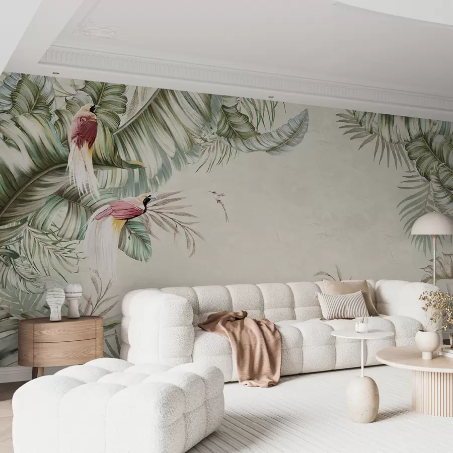 murales de pared Plantas tropicales y pájaros sobre fondo texturizado u96550