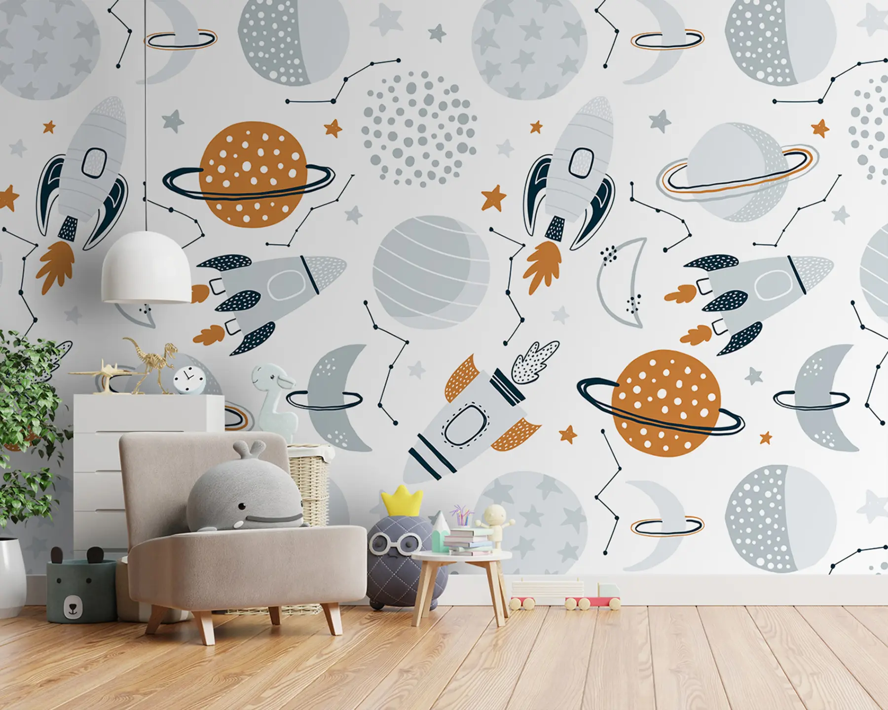 murales de pared Espacio con planetas, estrellas, constelaciones, cohetes, naves espaciales. u96582