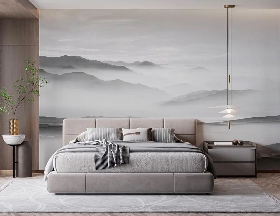 murales de pared Vista de las montañas grises en el monocromo de minimalismo de niebla u96922