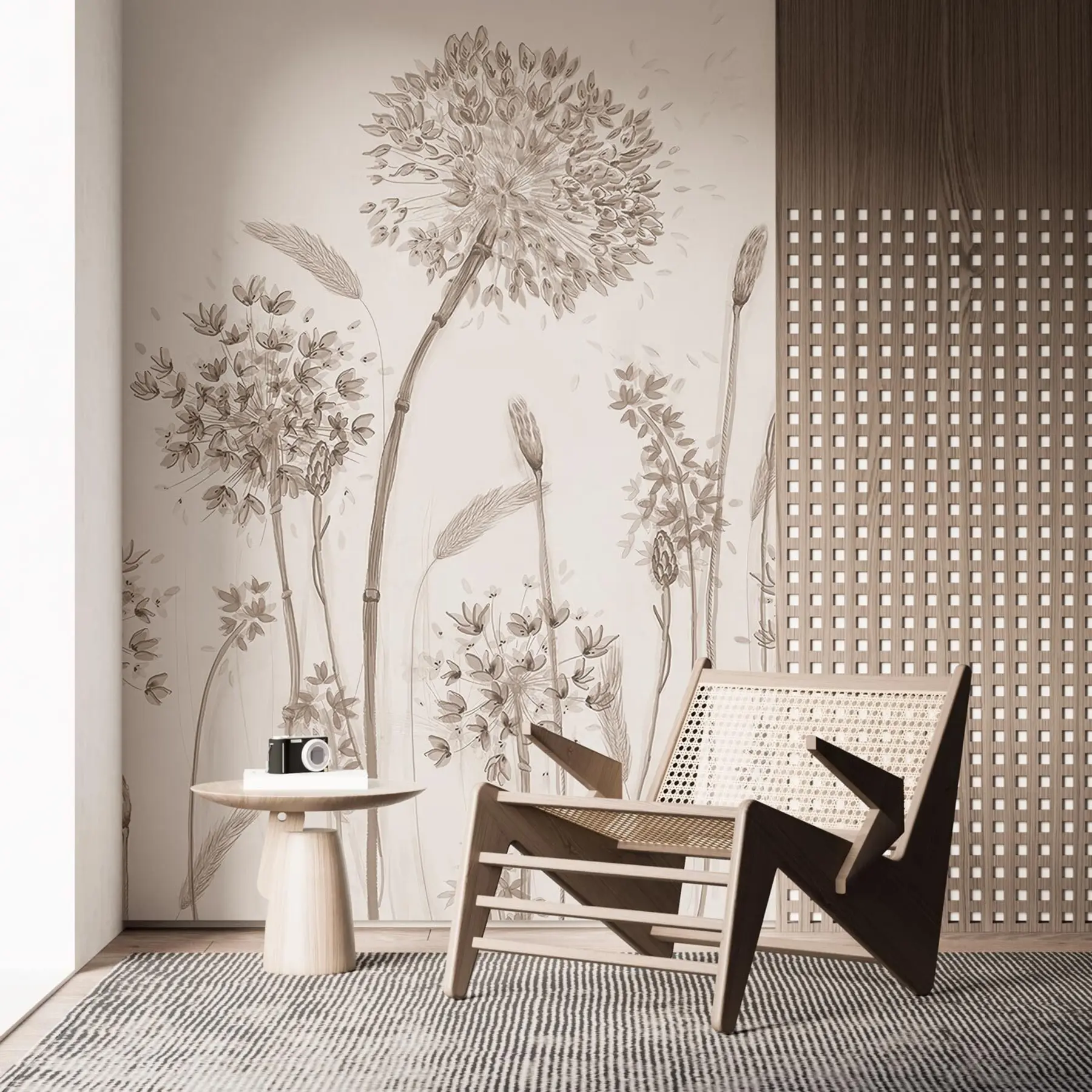 murales de pared Gran prado de flores de diente de león estilo monocromo loft minimalismo u96934