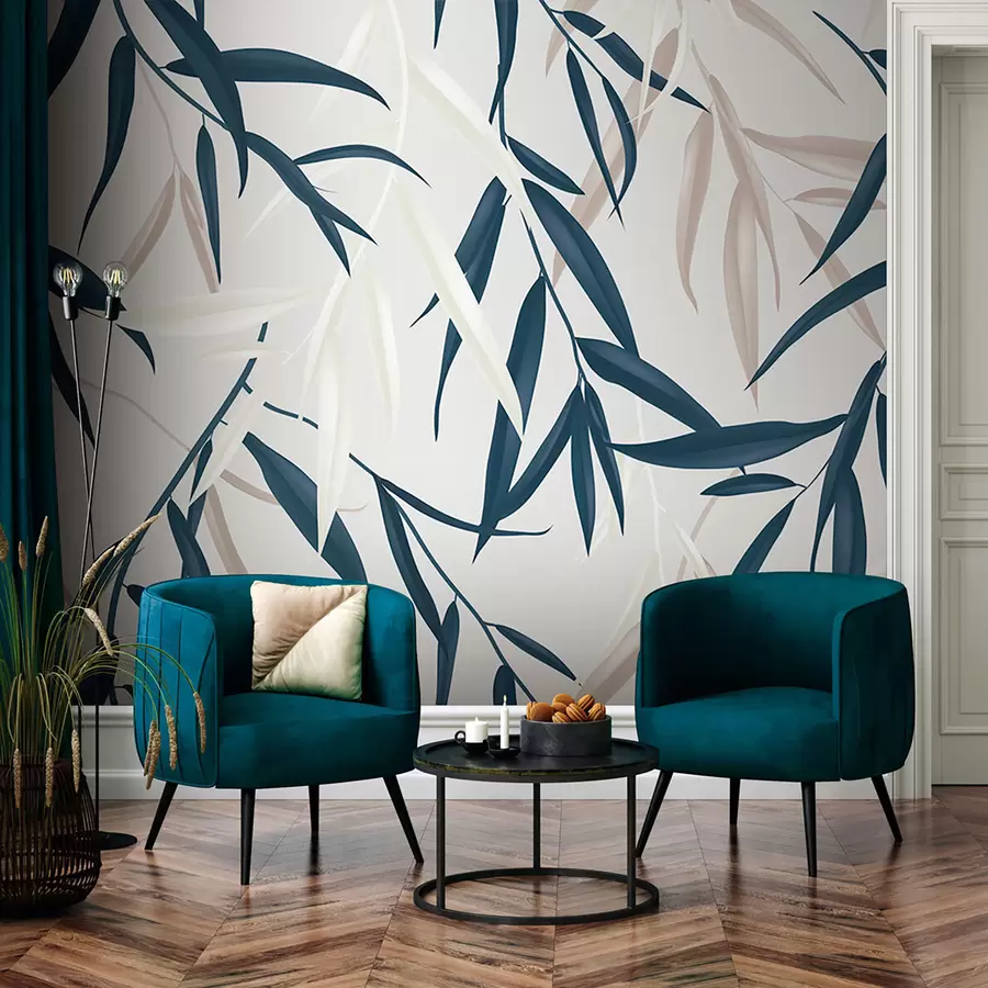 murales de pared Patrón floral, coloridas hojas de sauce llorón sobre un fondo gris claro u97022