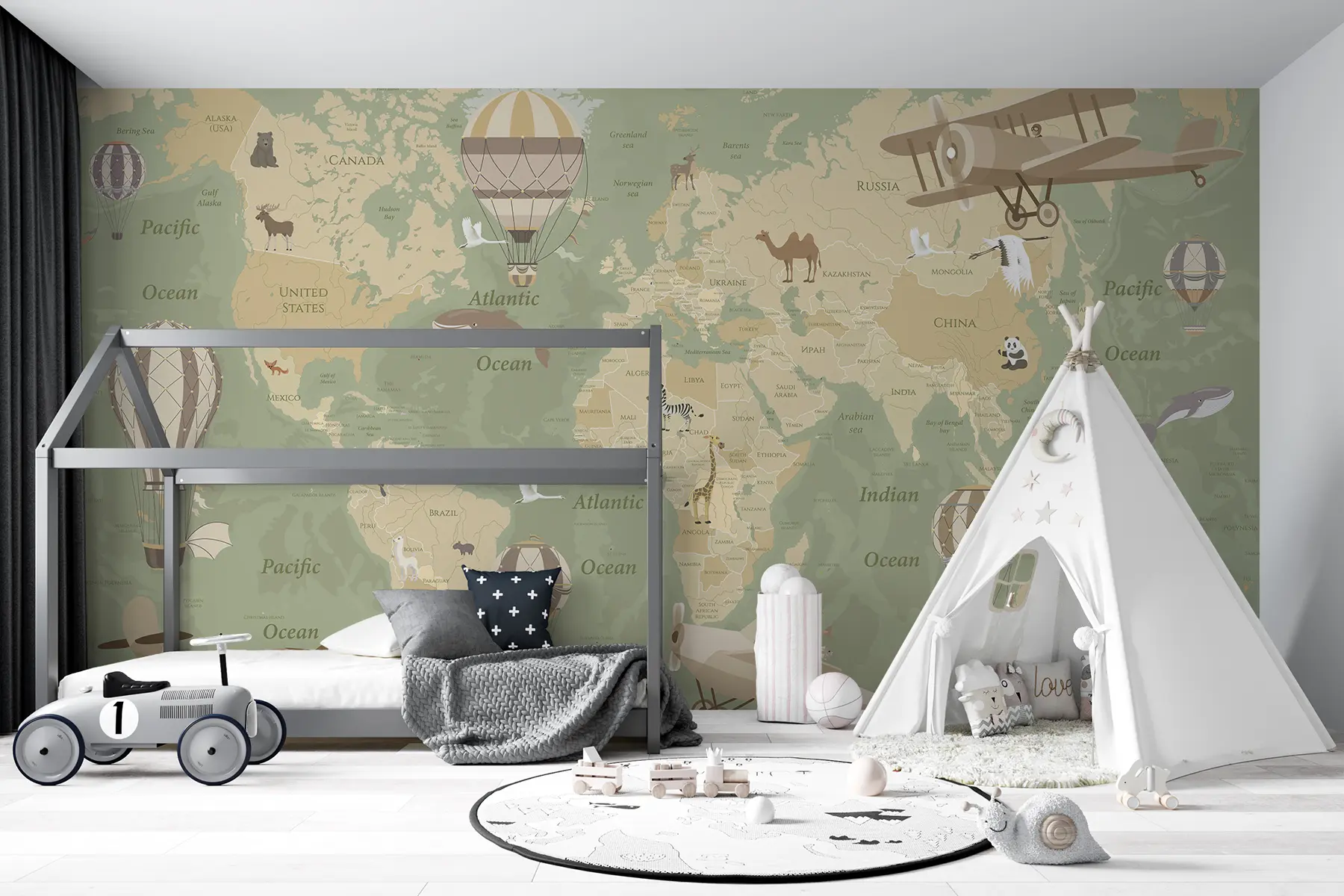 murales de pared Mapamundi infantil con animales en azul u36066v2